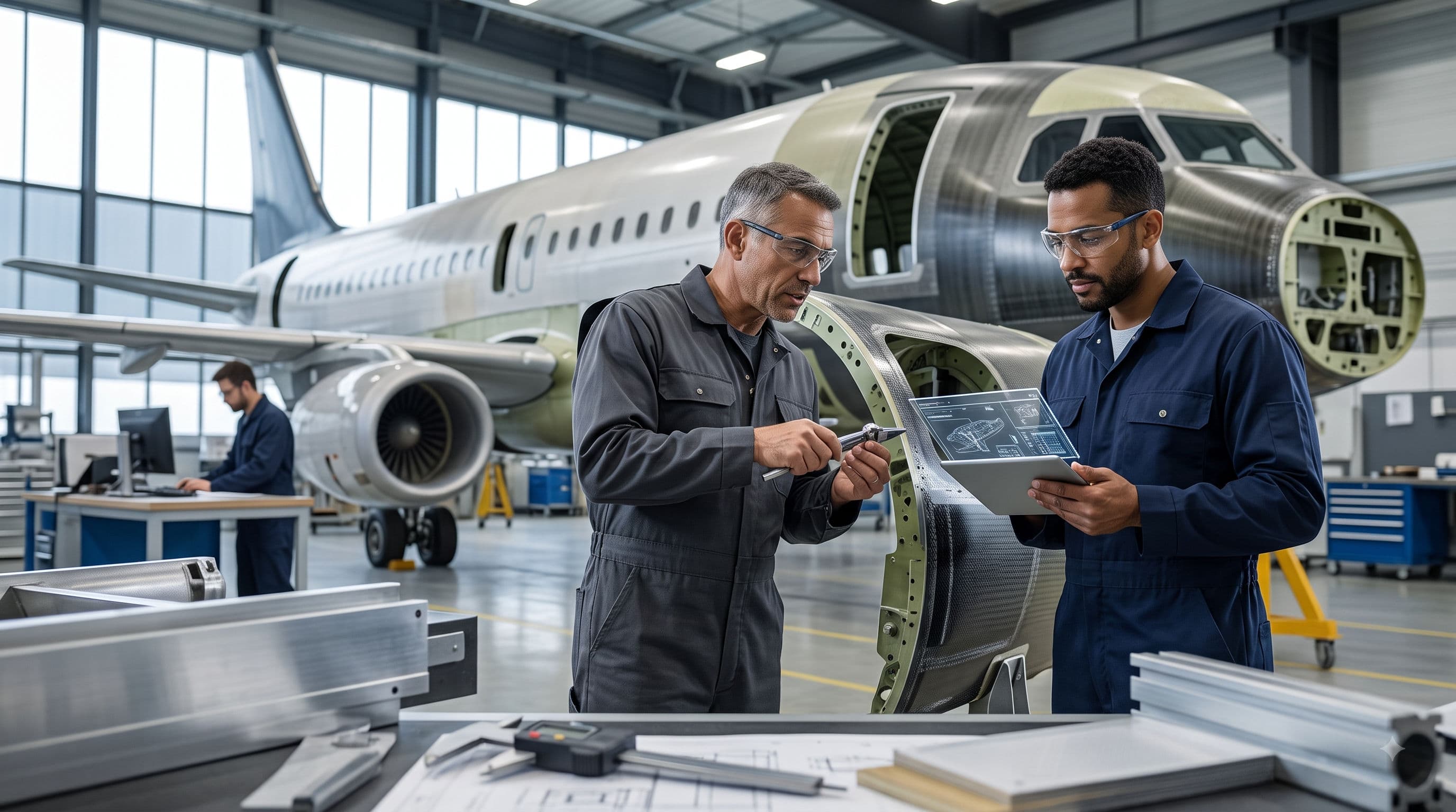 Aerospace engineers collaborating in a modern aerospace engineering facility