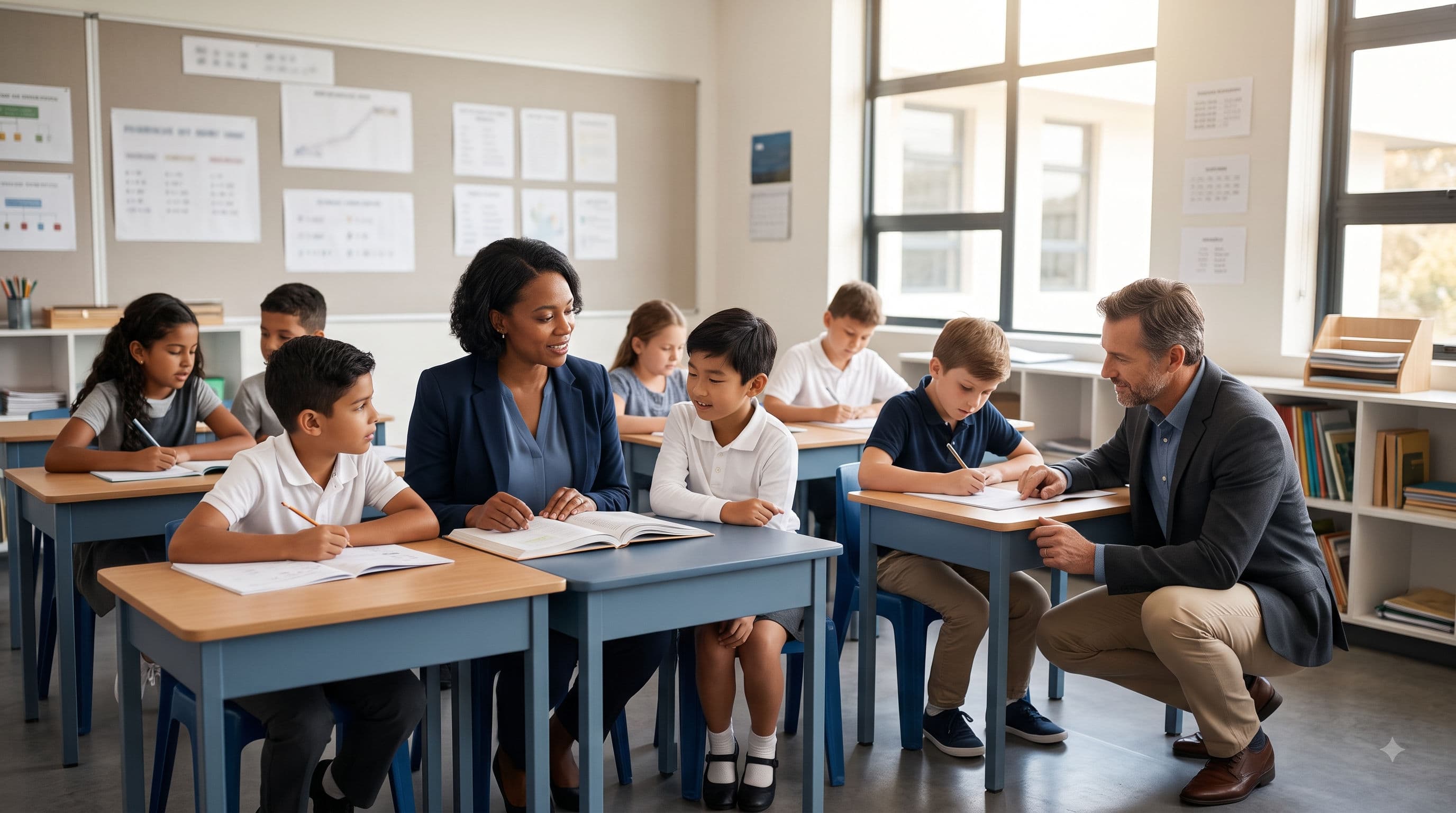 Education professionals supporting students in a modern school environment